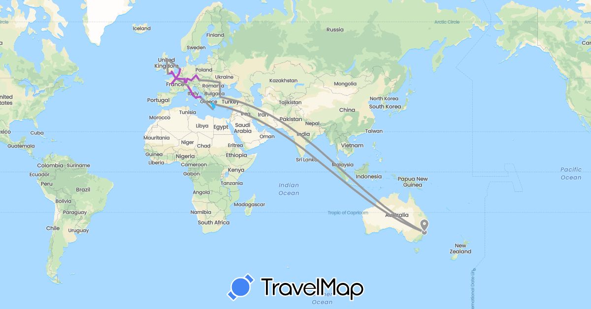 TravelMap itinerary: driving, plane, train, boat in Austria, Australia, Belgium, Switzerland, Czech Republic, Germany, France, United Kingdom, Greece, Italy, Moldova, Netherlands, Turkey (Asia, Europe, Oceania)